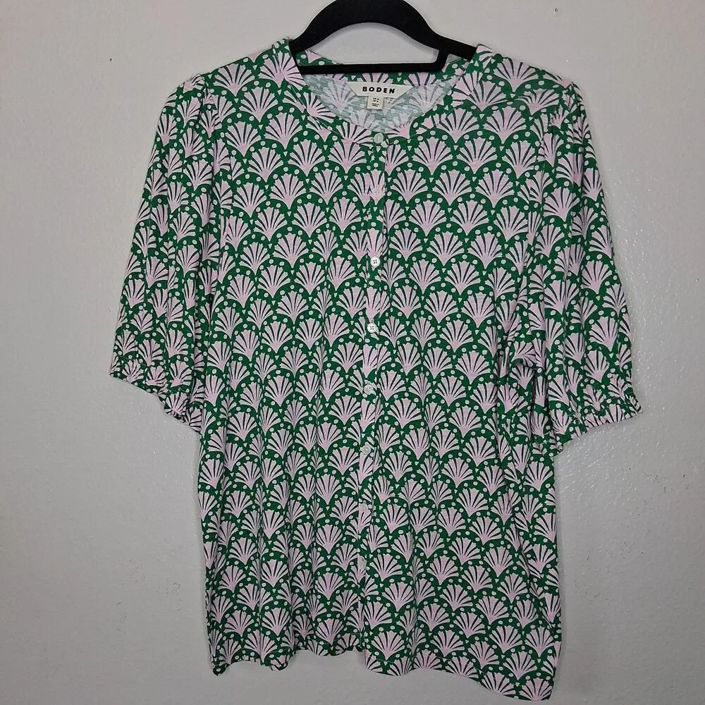 Boden Dolly Puff Sleeve Jersey Shirt Floral Fan Button-up Cotton Tencel US 14
